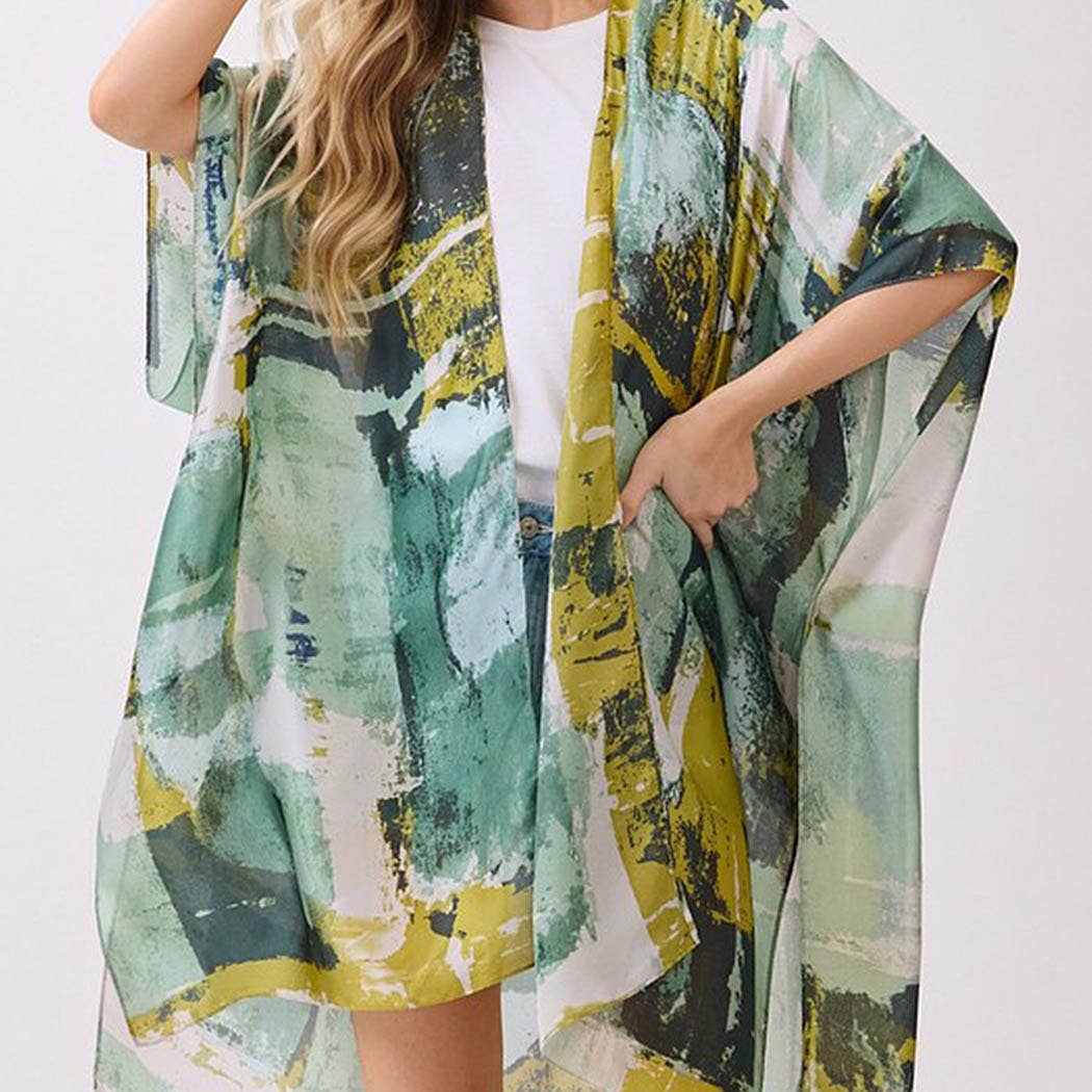 Abstract Modern Art-Inspired Print Silky Feel Kimono