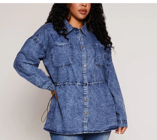 Drawstring Denim Acid Wash Top