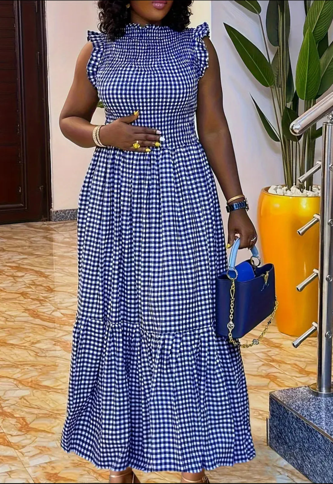 Blue and white plaid long dress