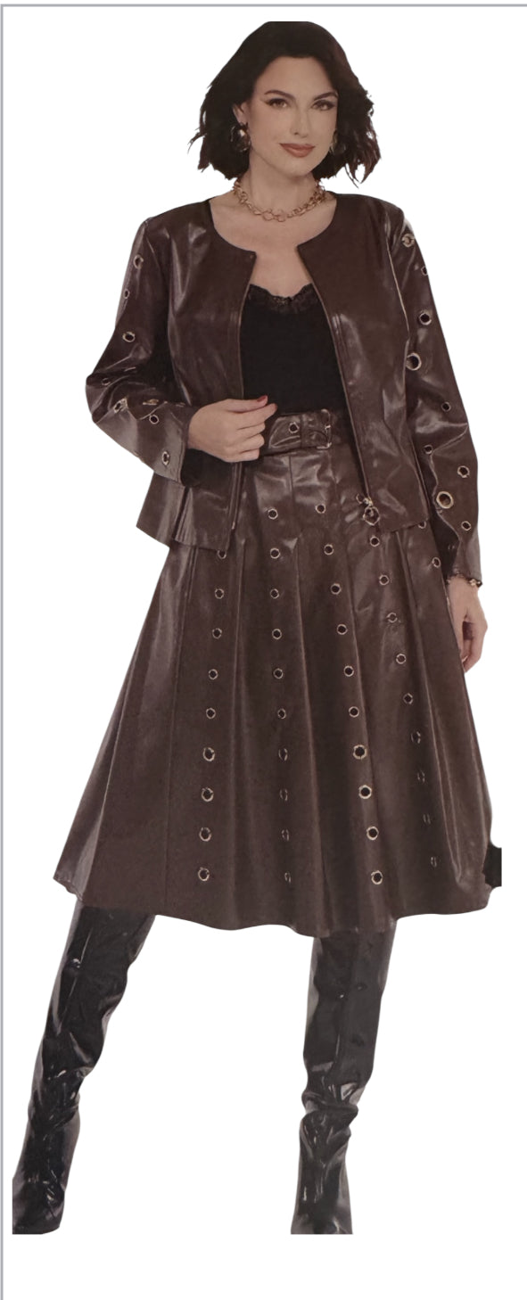 2pc brown leather grammett skirt set