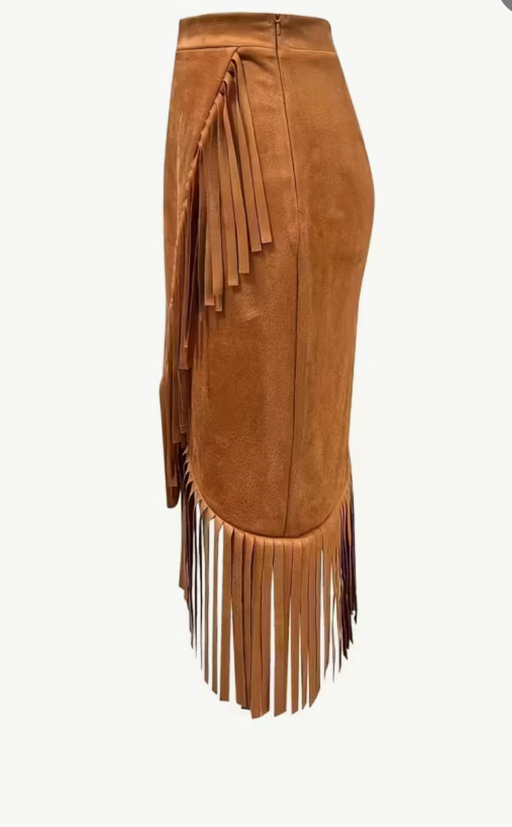 Faux Suede Frirnge Skirt