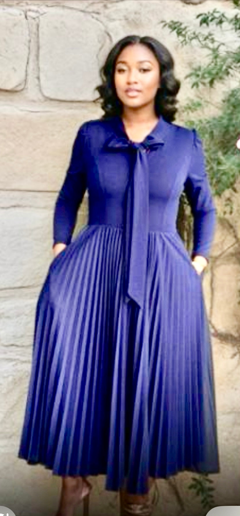 Navy pleated bow tie dress