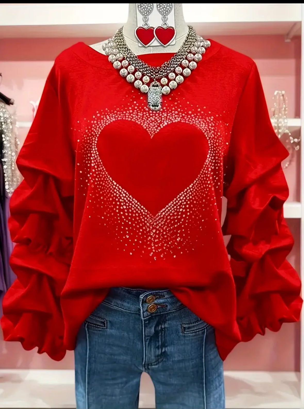 Rhinestone heart shape lantern sleeve sweater