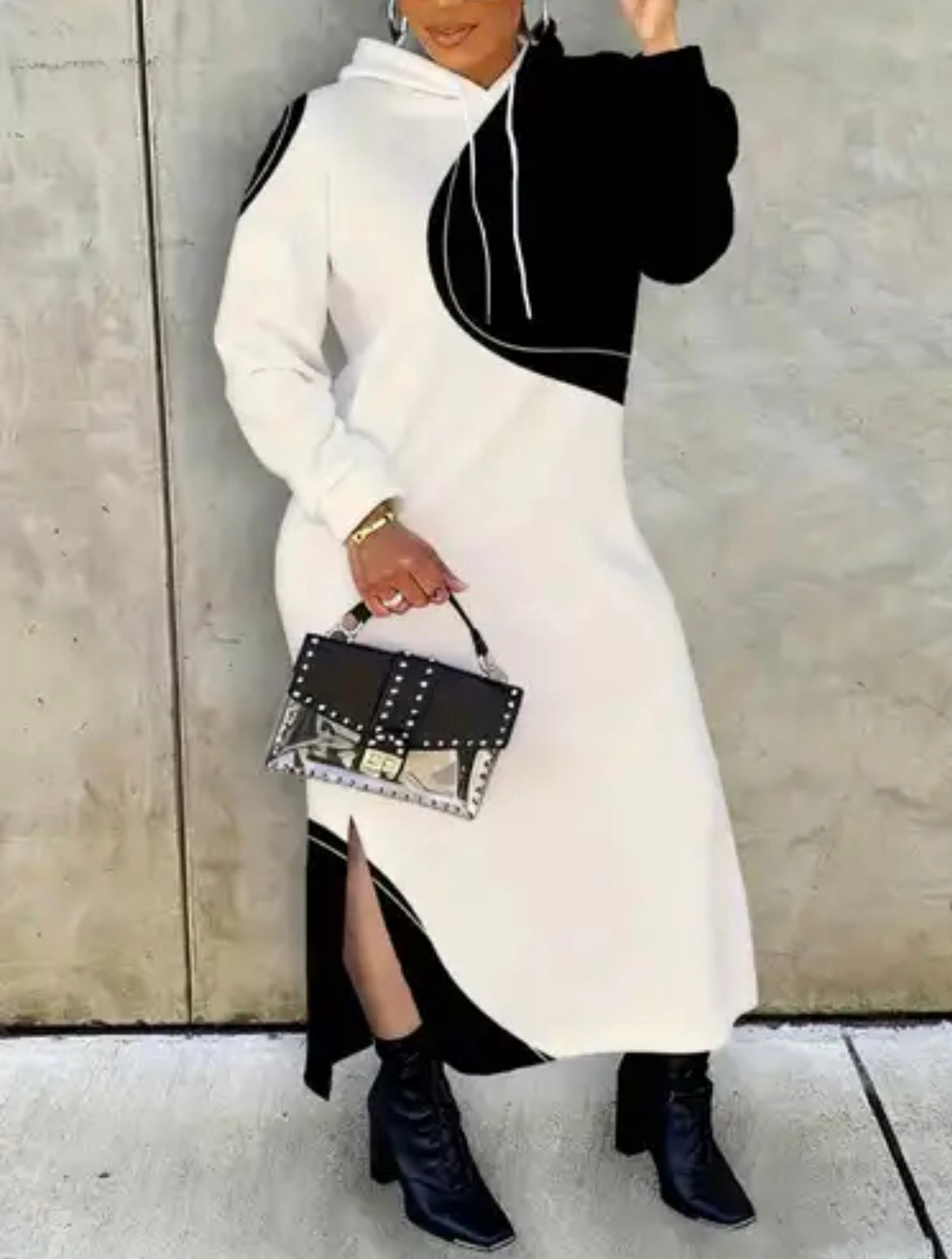 Black Hooded print sweatshirt dress