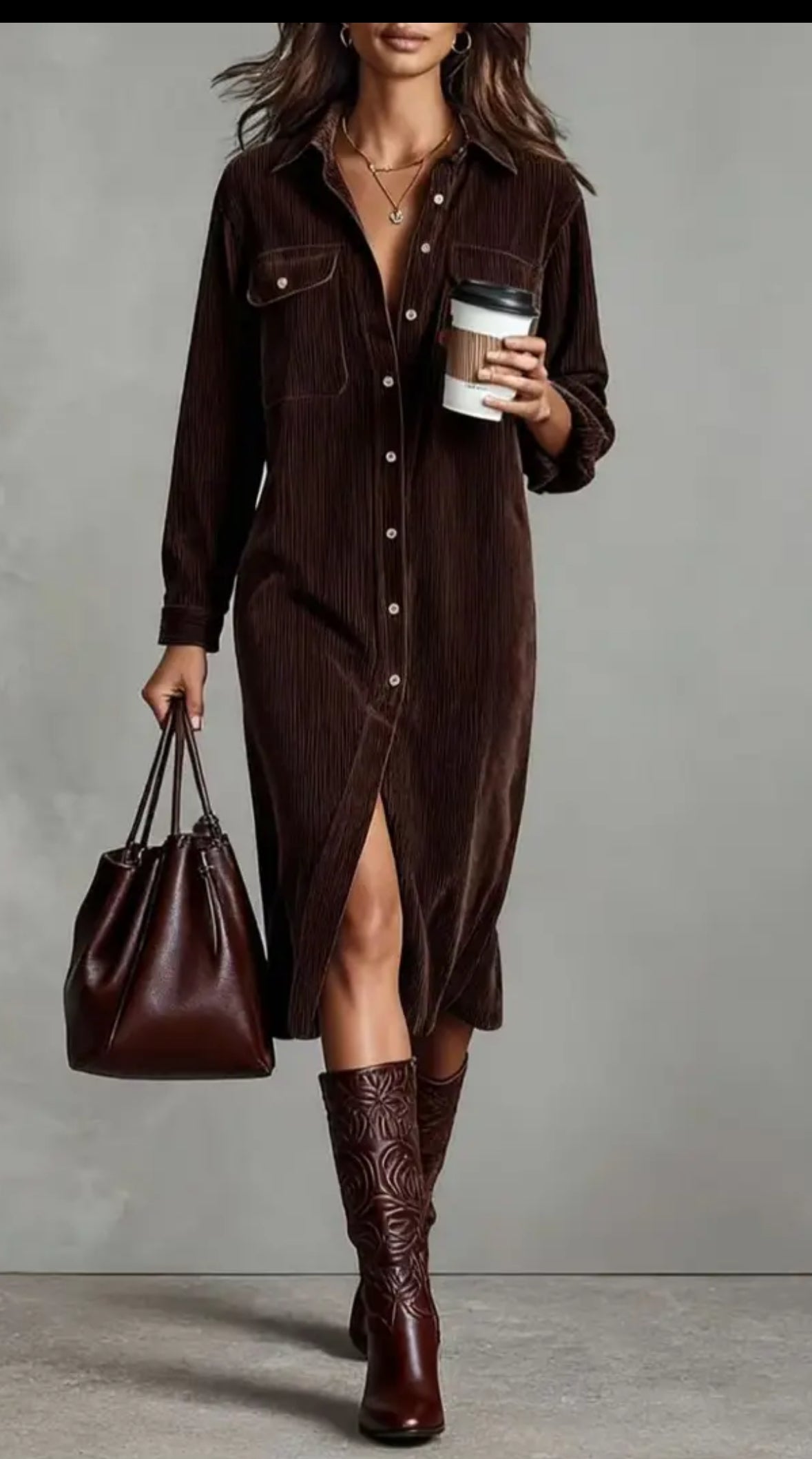 Brown brush corduroy button down dress