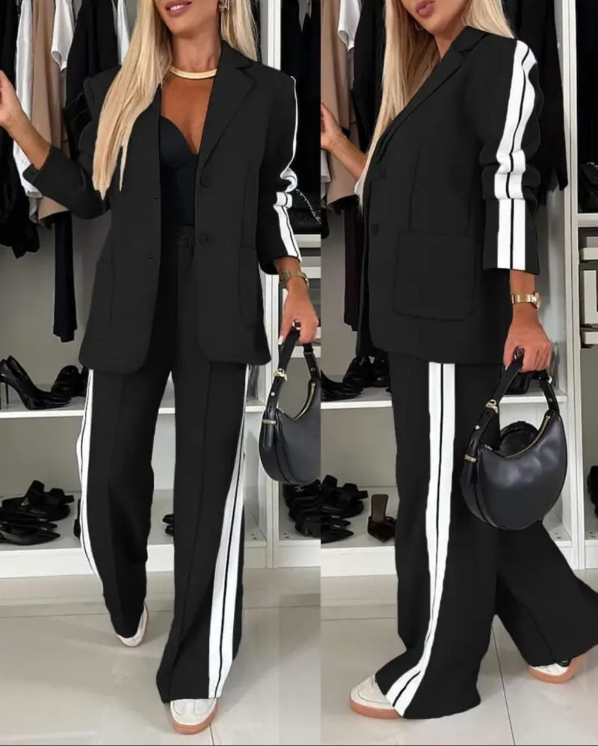 2 pc Black & White Pant Suit