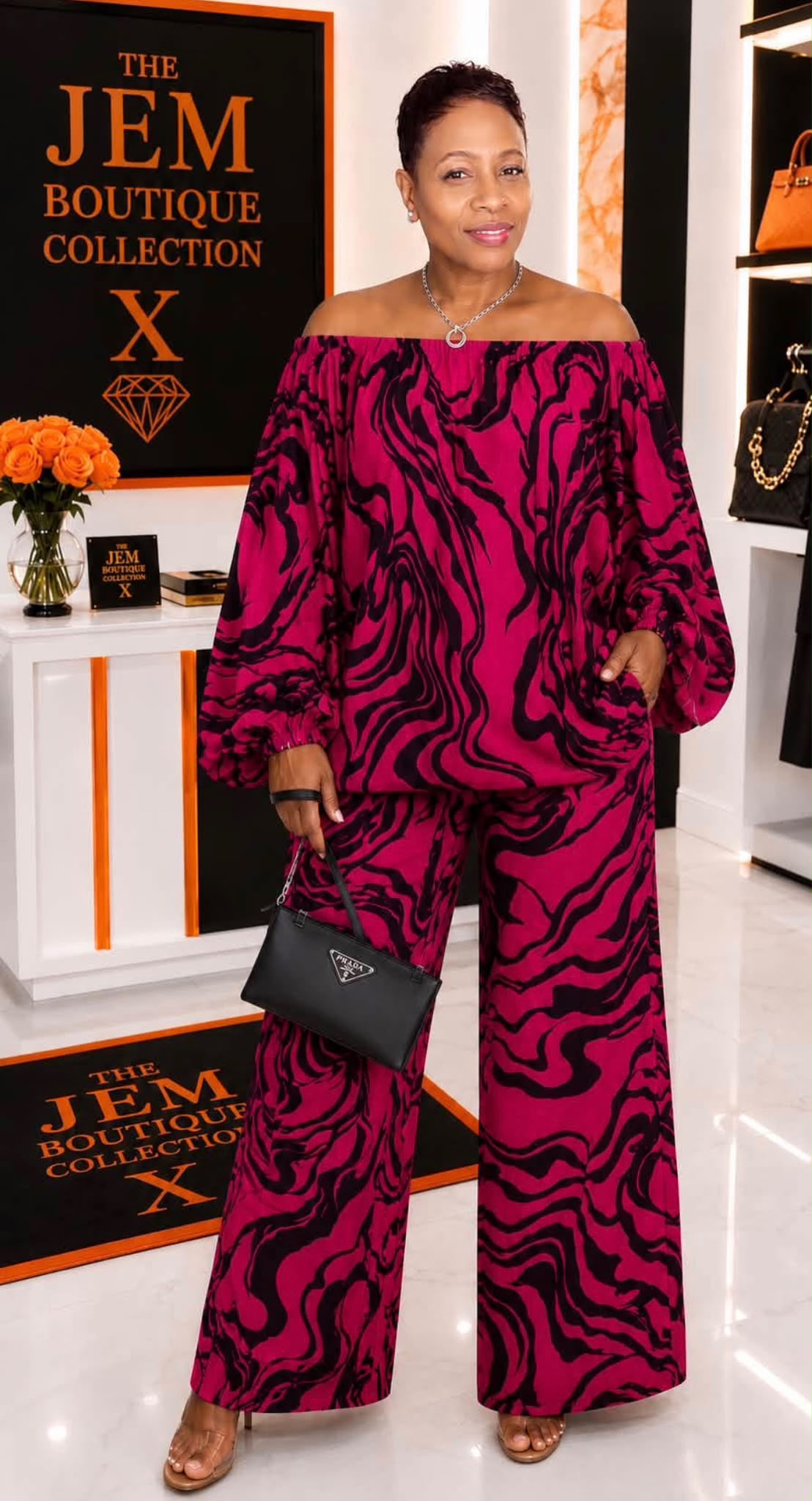 2 pc Fuschia and black print pant set