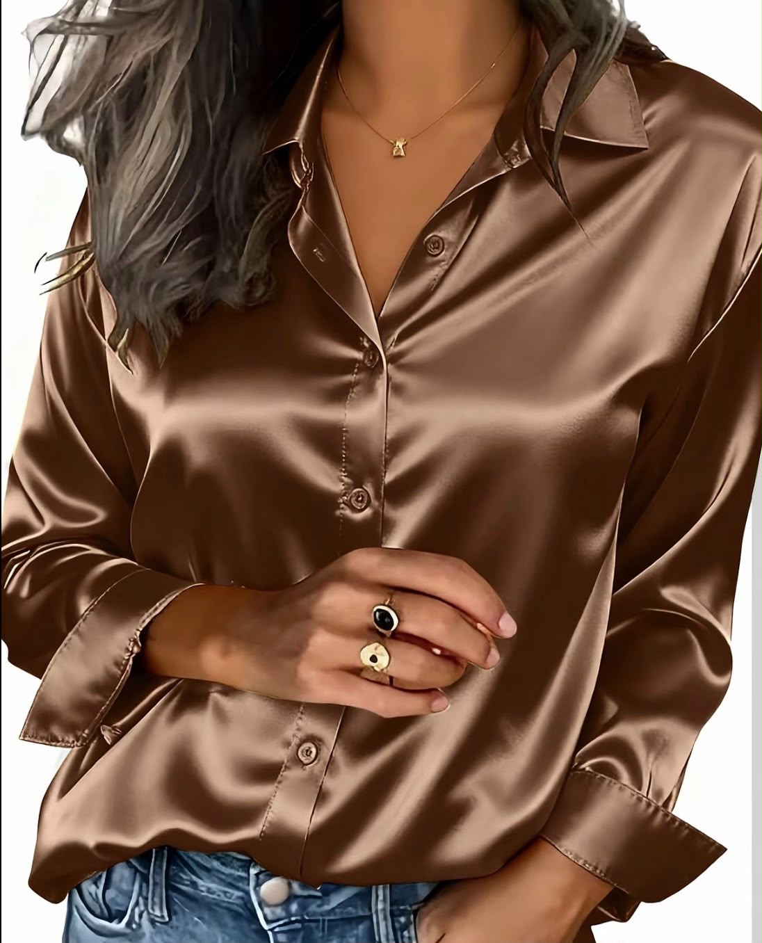 Brown satin button down collar shirt