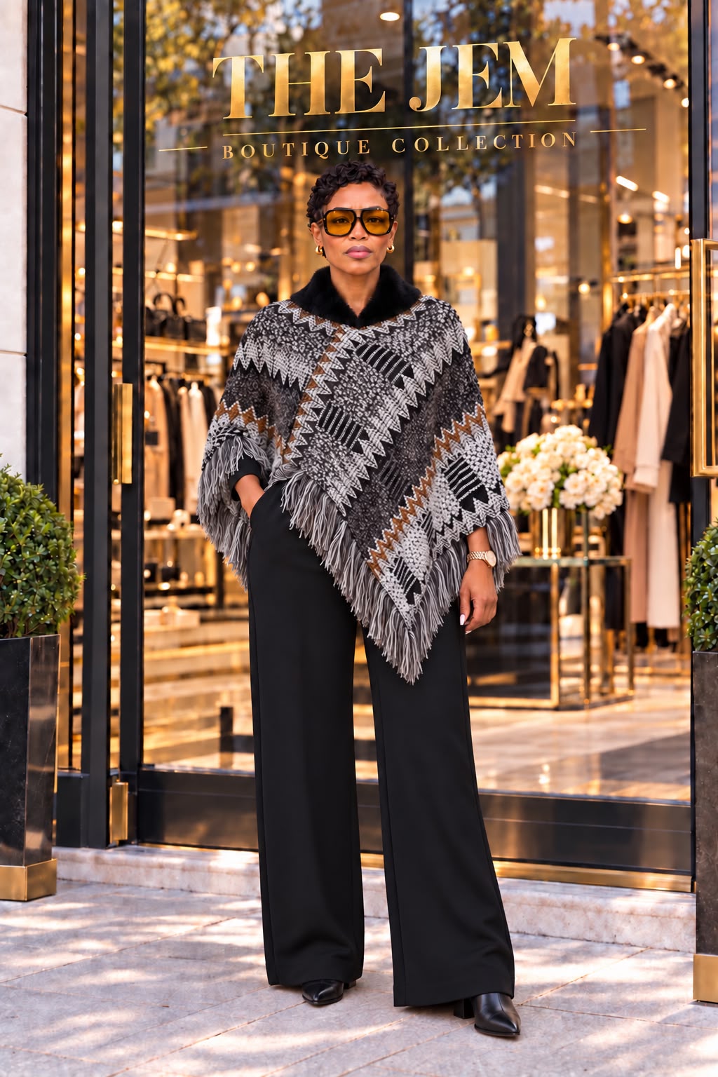 Grey Black Tan Poncho