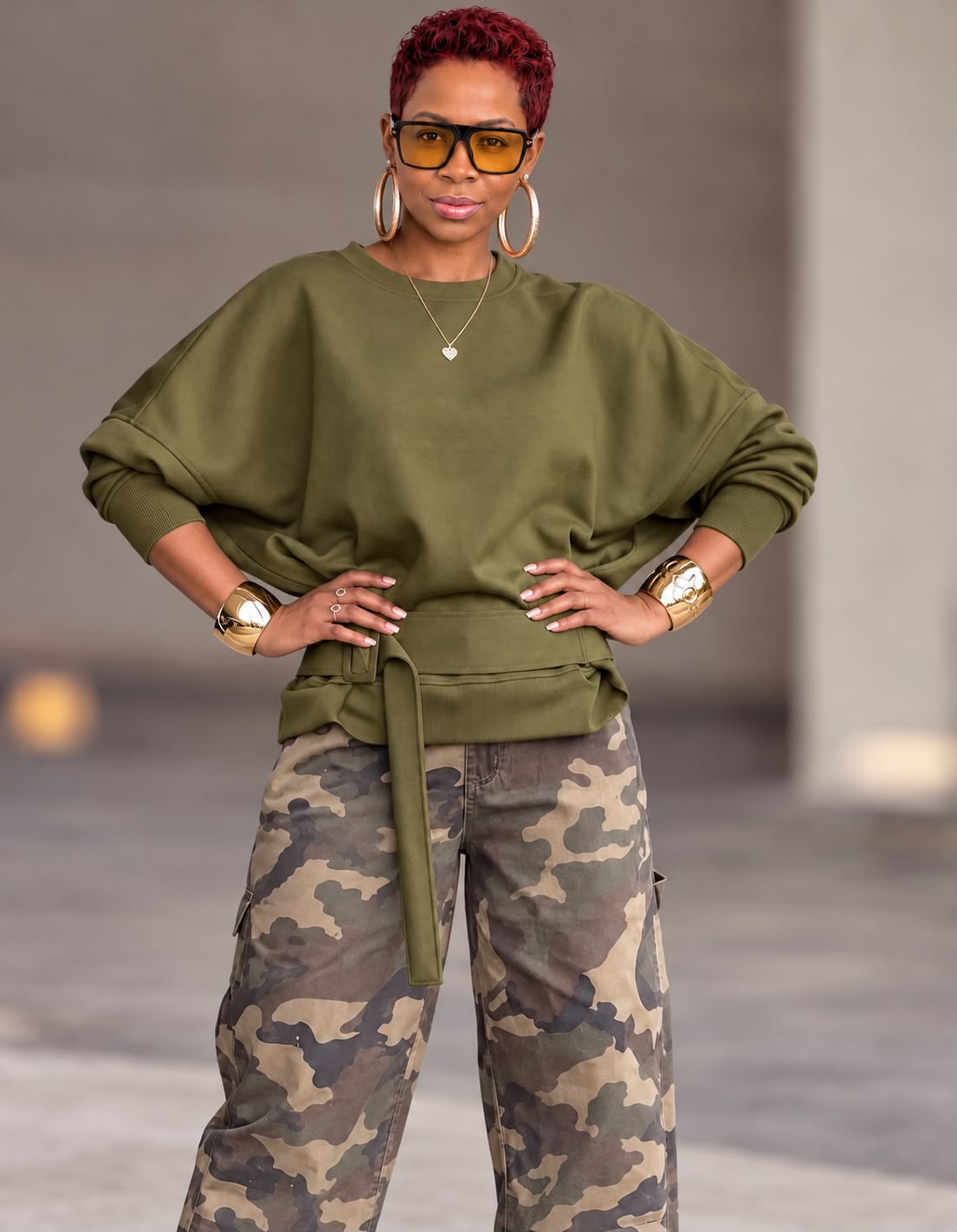 Crew Neck Belted Sweater Olive Green