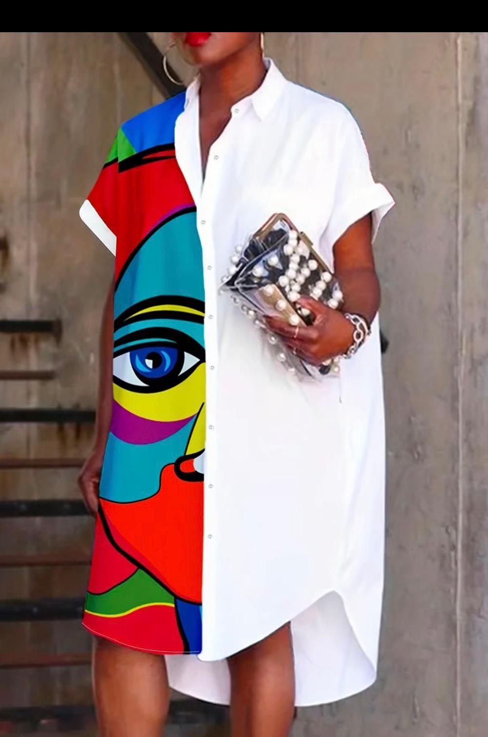 Lady face batwing button down shirt dress multi