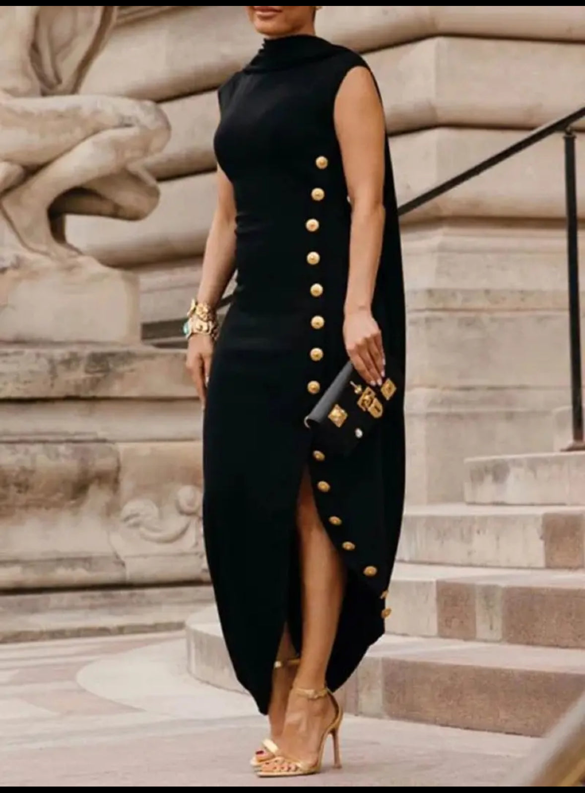 Asymmetrical Black Button Dress
