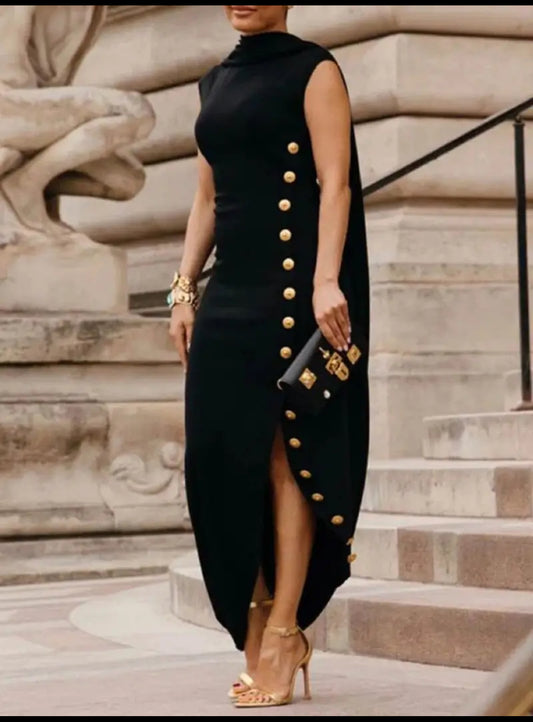 Asymmetrical Black Button Dress