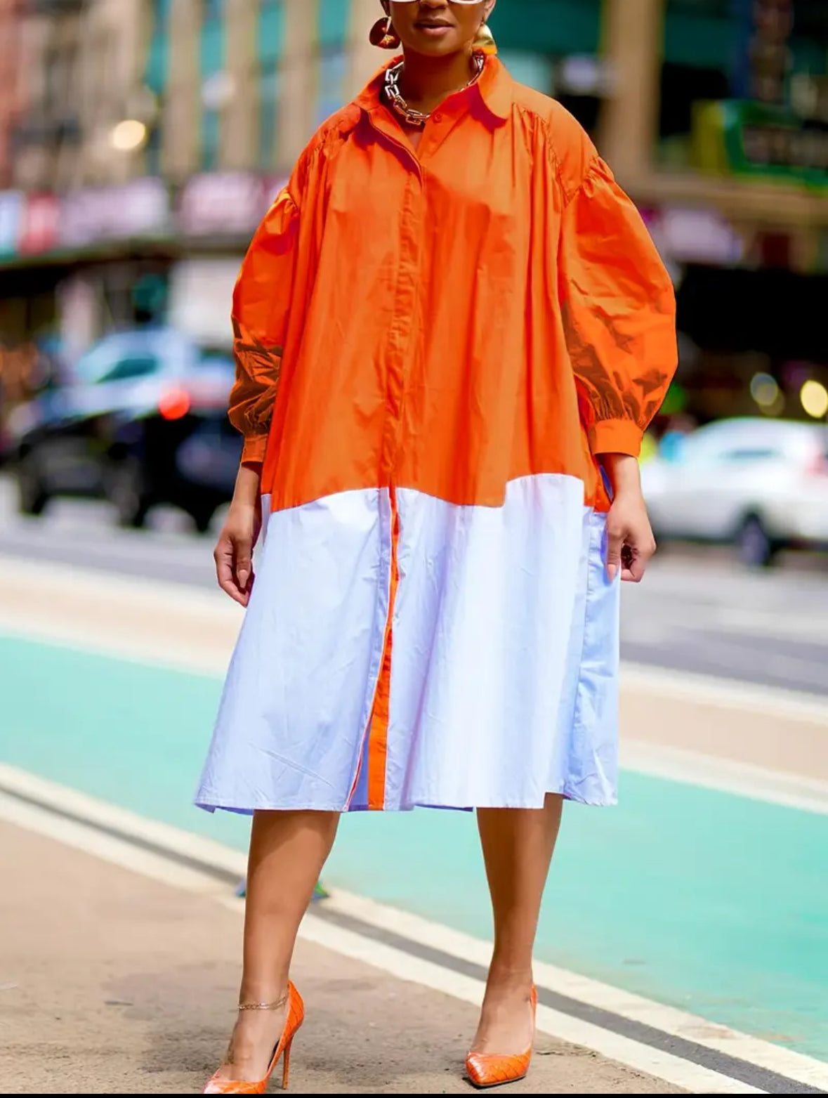Color block tangerine shirt dress