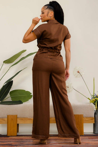 Plus Size Button Drawstring Wide Leg Pant Set