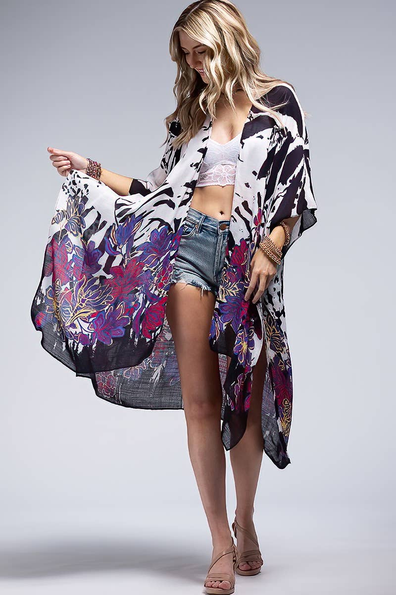 Monotone Flower Print Kimono