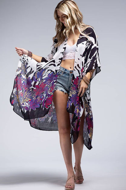 Monotone Flower Print Kimono