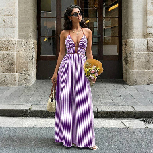 Stripe Halter Backless V Neck Maxi Dress