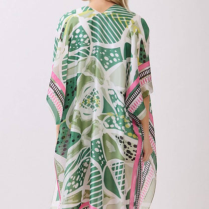 Abstract Botanical Print Silky Feel Kimono