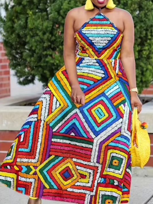 Summer Colorblock Halter Dress