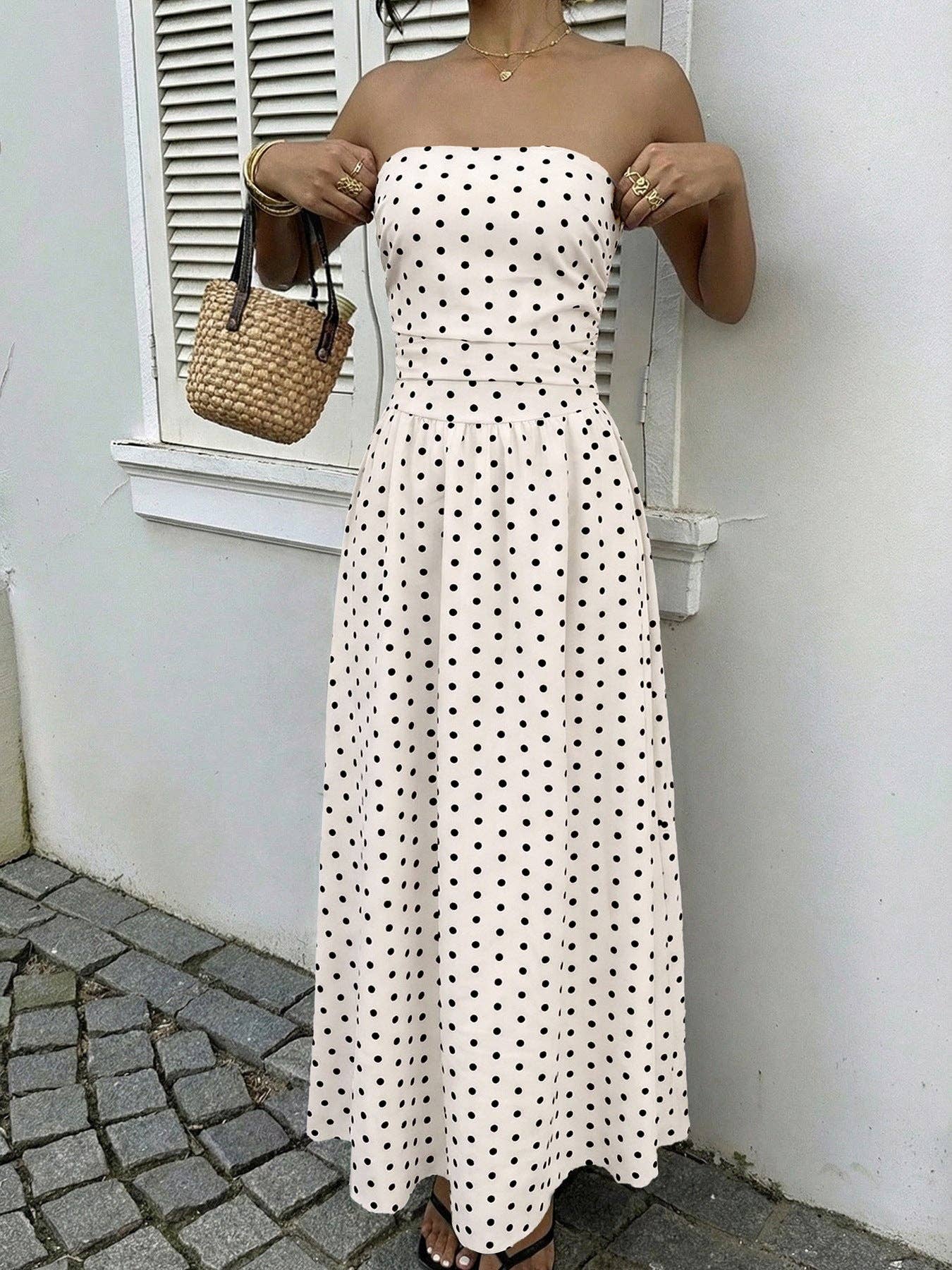 Strapless Polka Dot Maxi Dress Elegant Summer Dress