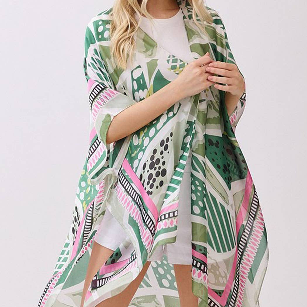 Abstract Botanical Print Silky Feel Kimono