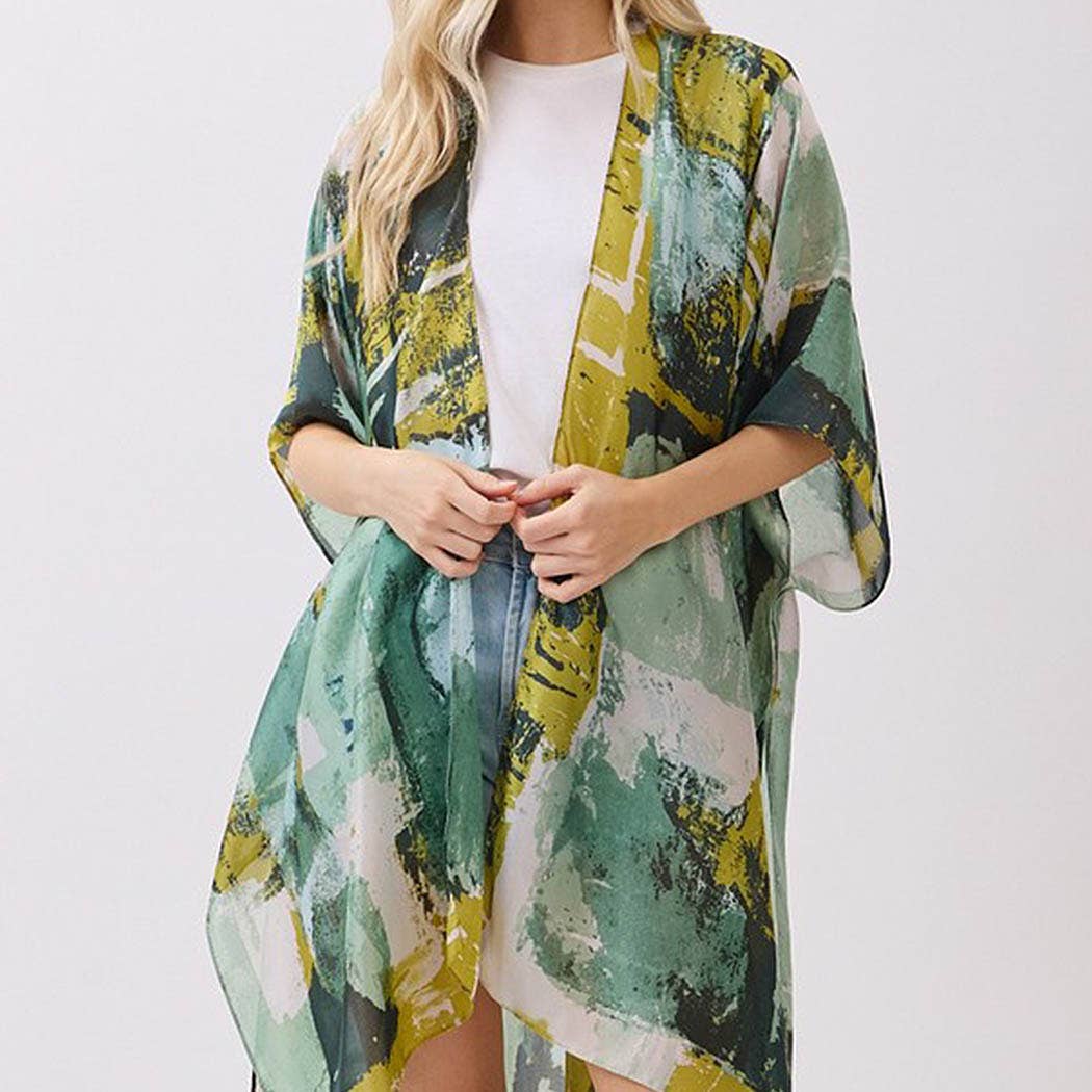 Abstract Modern Art-Inspired Print Silky Feel Kimono