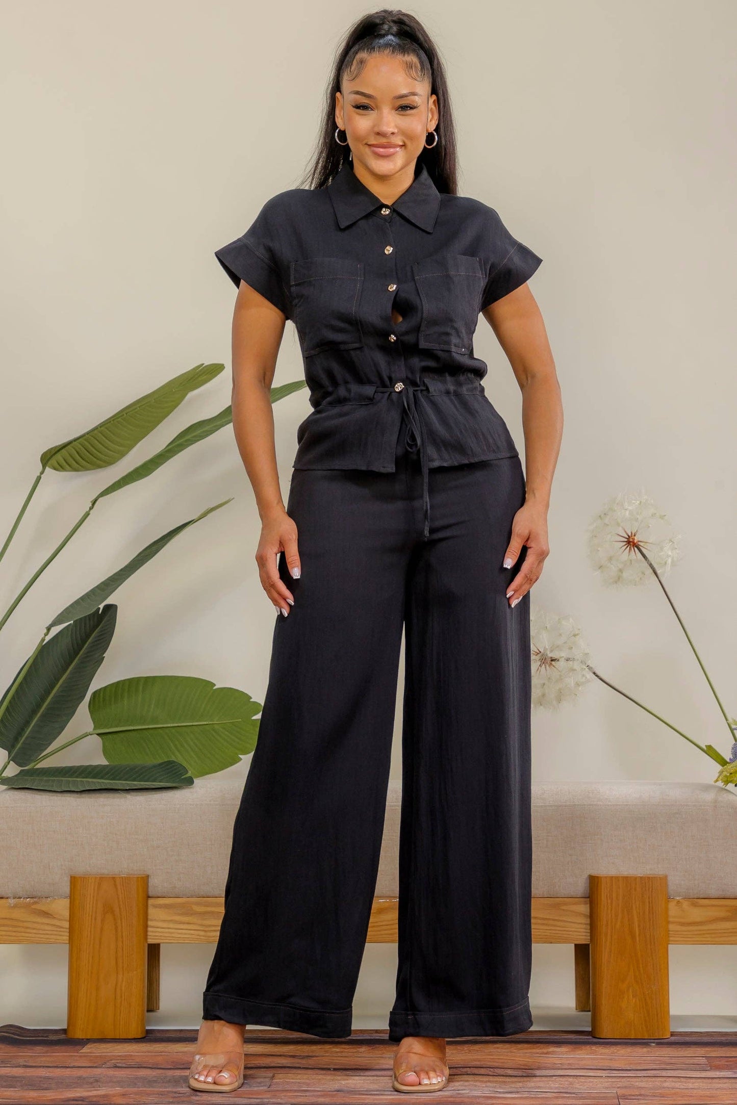 Button Drawstring Wide Leg Pant Set