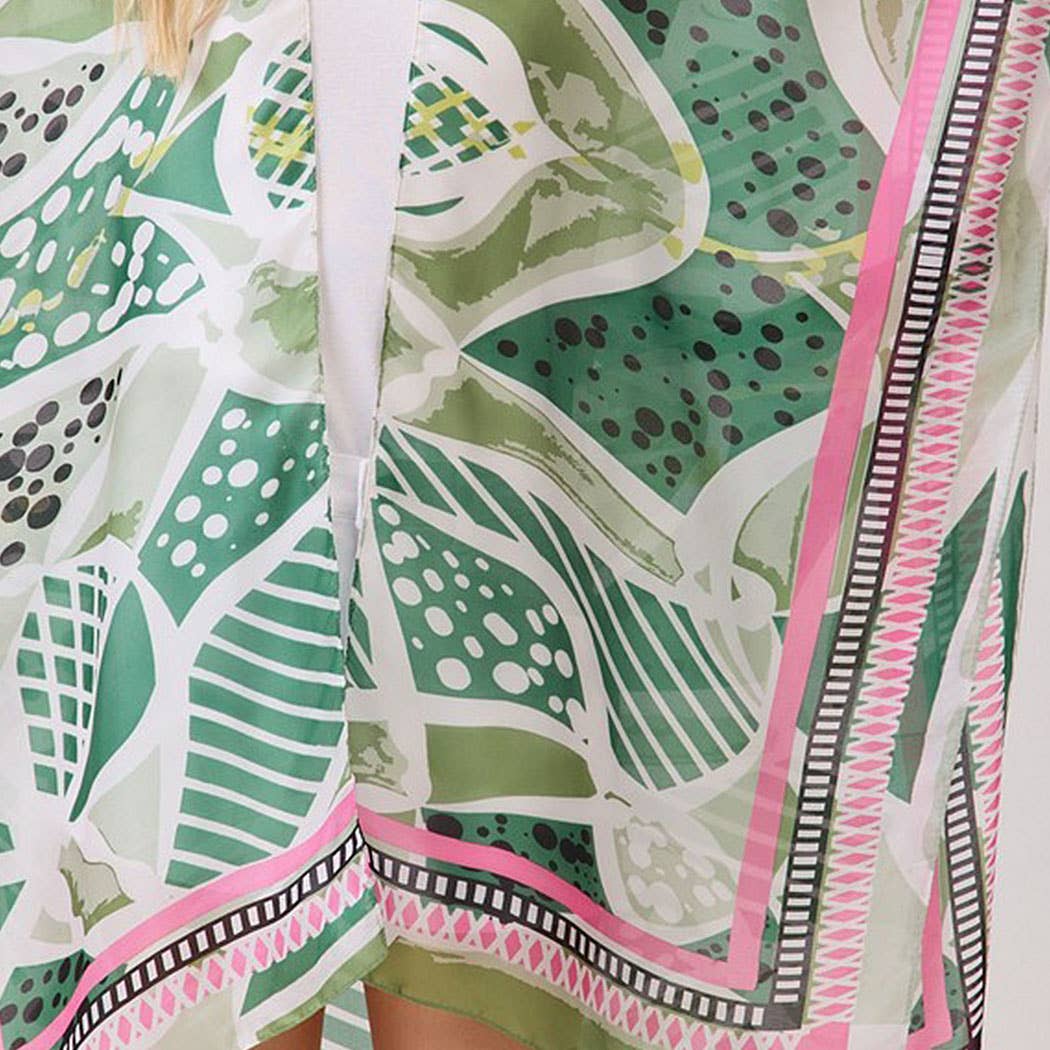 Abstract Botanical Print Silky Feel Kimono