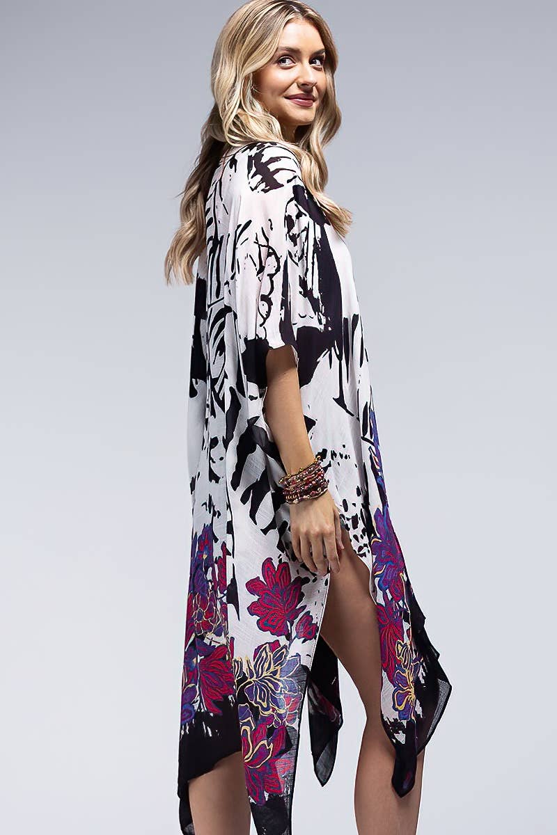 Monotone Flower Print Kimono