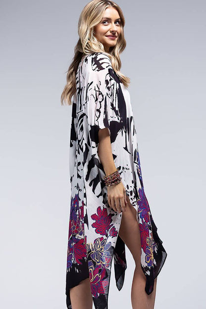 Monotone Flower Print Kimono