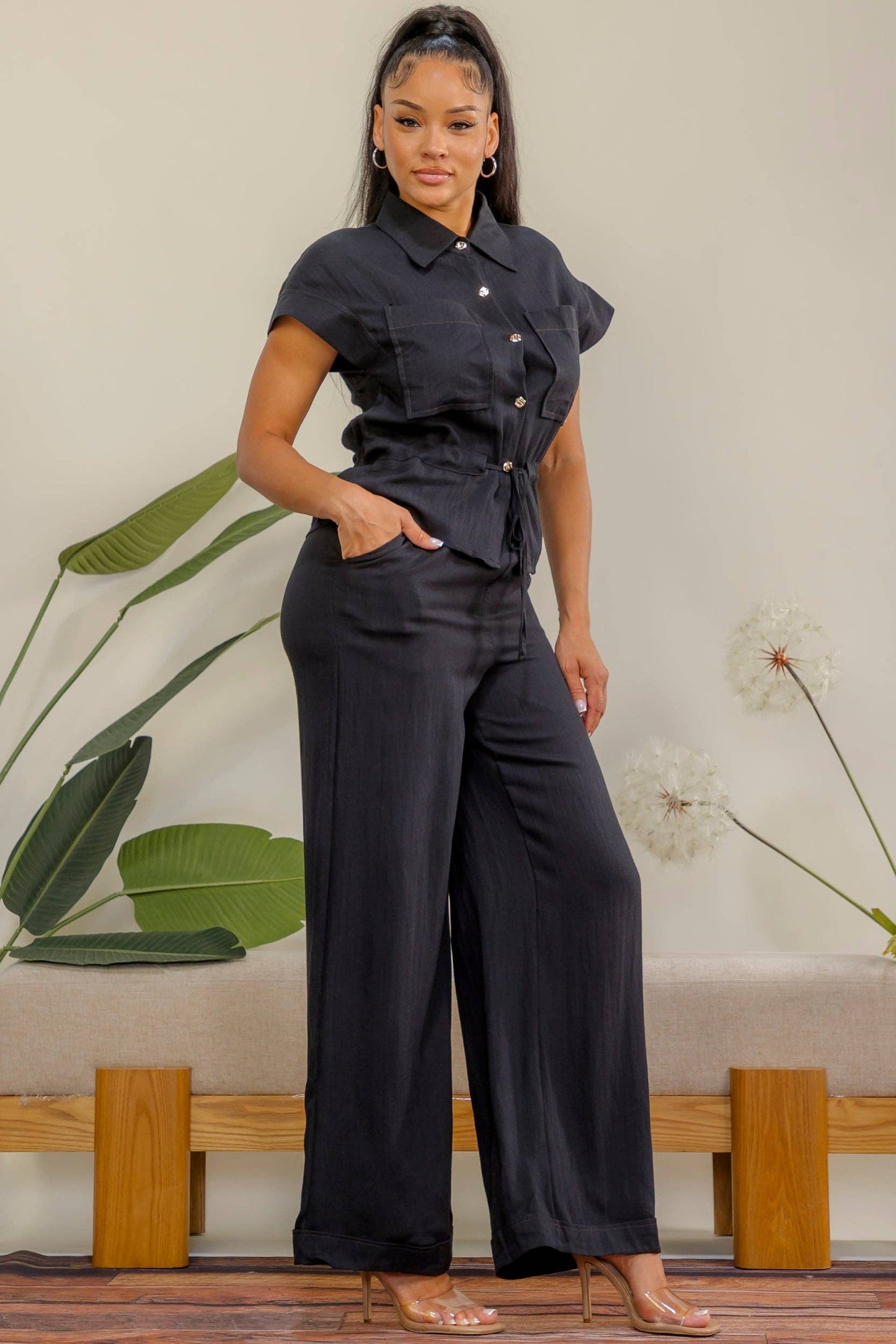 Button Drawstring Wide Leg Pant Set