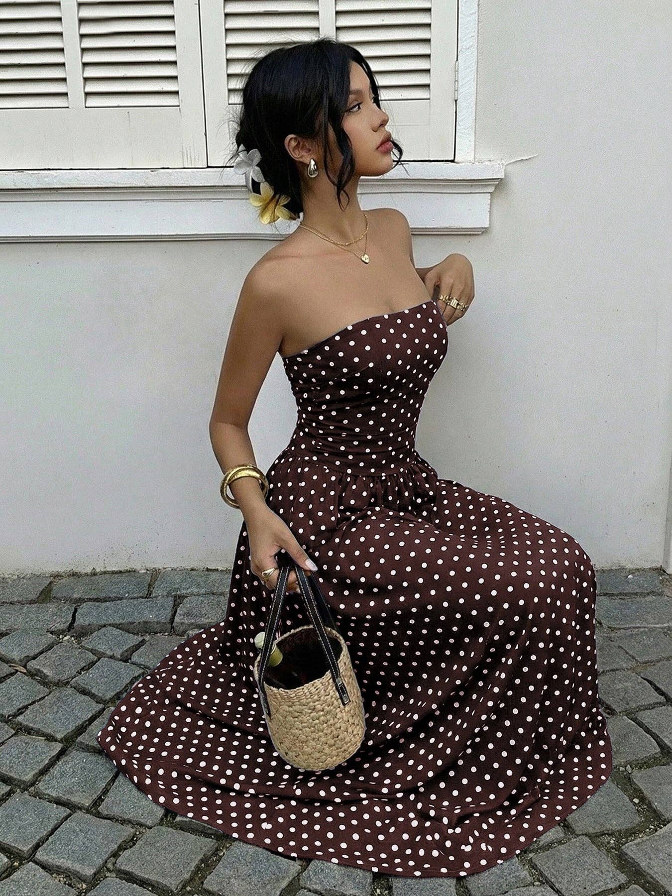 Strapless Polka Dot Maxi Dress Elegant Summer Dress