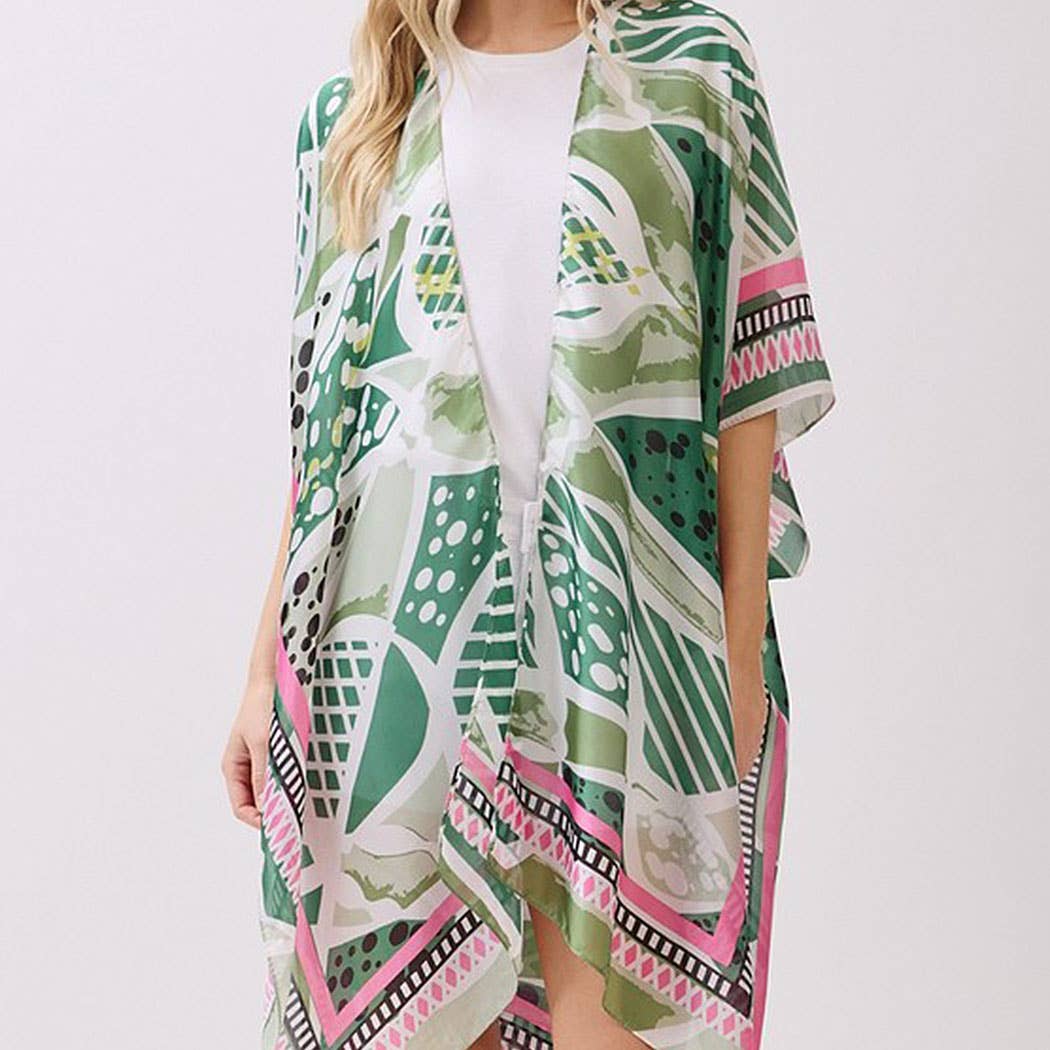 Abstract Botanical Print Silky Feel Kimono