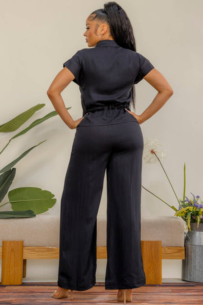 Button Drawstring Wide Leg Pant Set