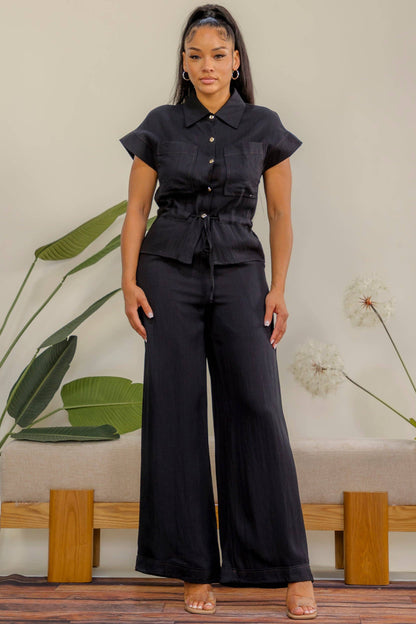 Plus Size Button Drawstring Wide Leg Pant Set
