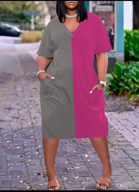 V Neck Two Tone Dress w/ Pockets