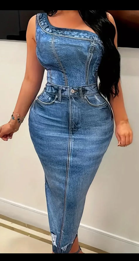 One Shoulder Denim-like Dress