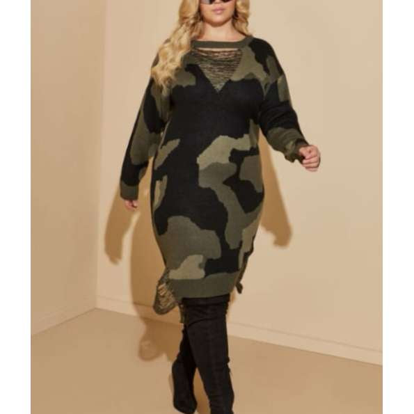 Camo Distressed Sweater Dress