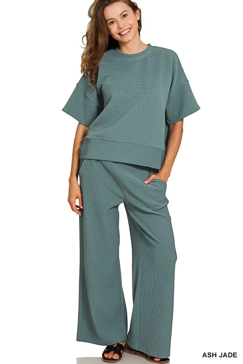 RIBBED ROUND NECK TEE & PANTS SET