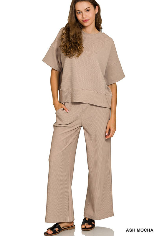 RIBBED ROUND NECK TEE & PANTS SET