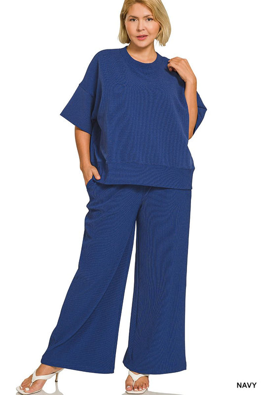 PLUS RIBBED ROUND NECK TEE & PANTS SET