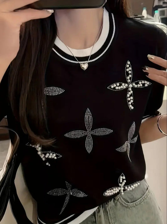 Short sleeve Soft knit Pearl / Bling top