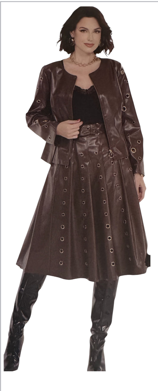 2pc brown leather grammett skirt set