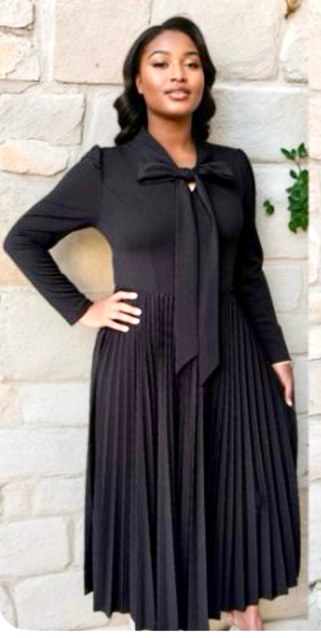 Navy pleated bow tie dress
