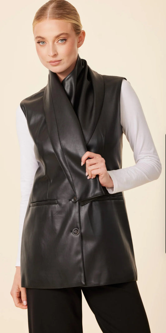 Faux leather longline vest w/dramatic shawl collar