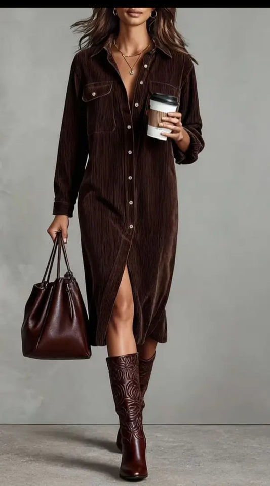 Brown brush corduroy button down dress