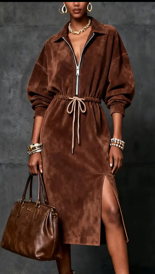 Brown zip waist synch dress