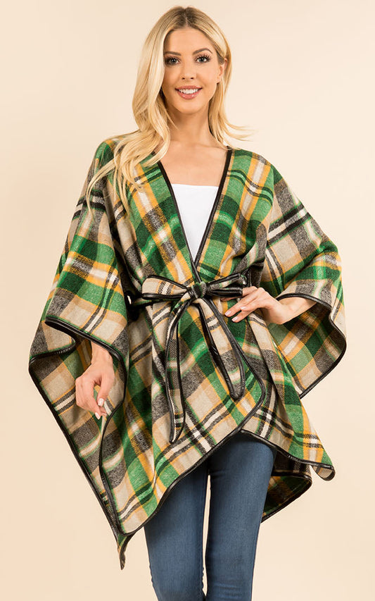 Plaid leather trim Poncho with belt