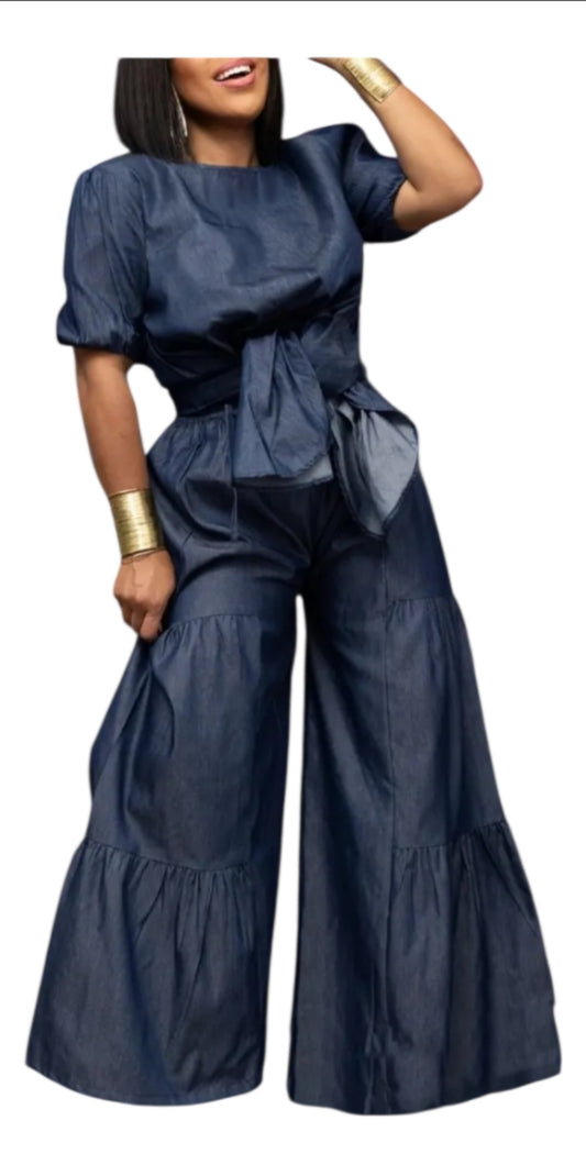 Denim ruffle wide leg 2pc set